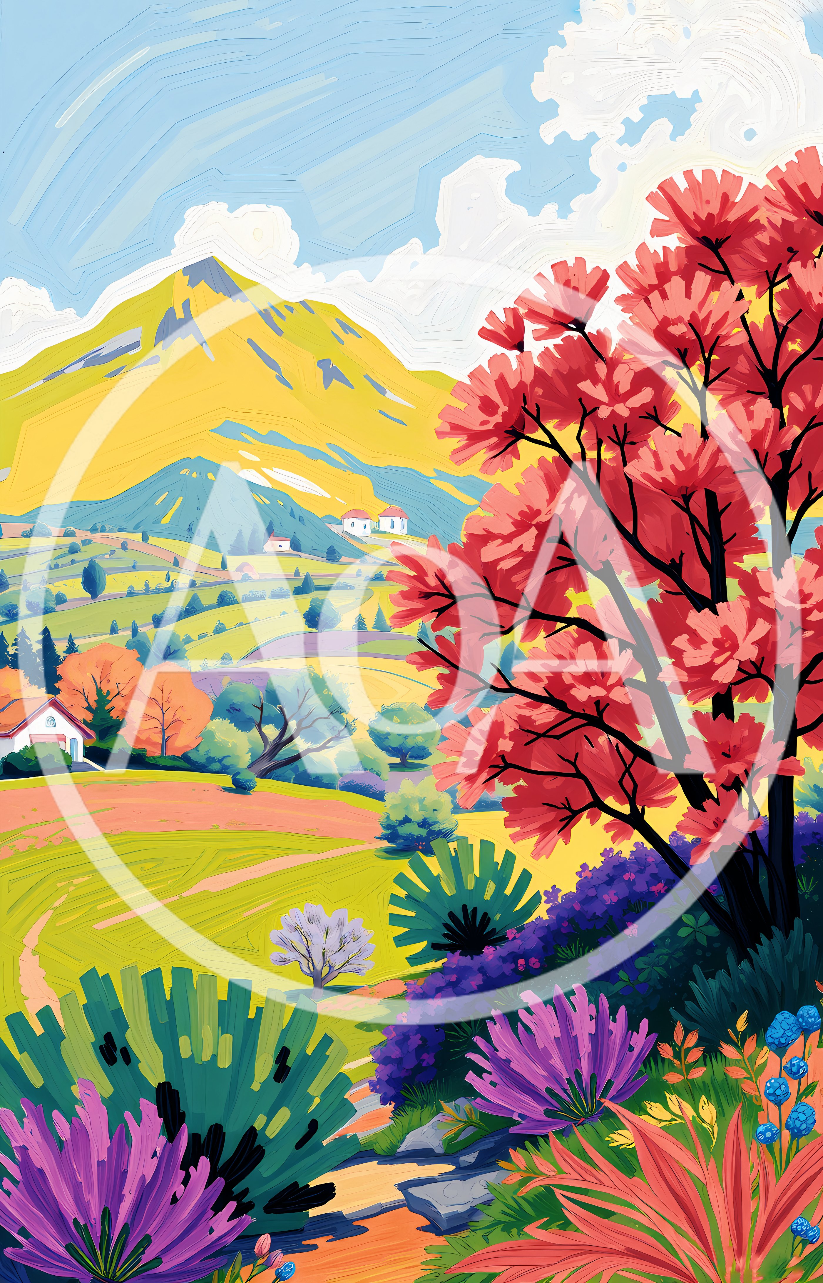 Vibrant Impressionist Landscape Painting Of A Mountain Valley