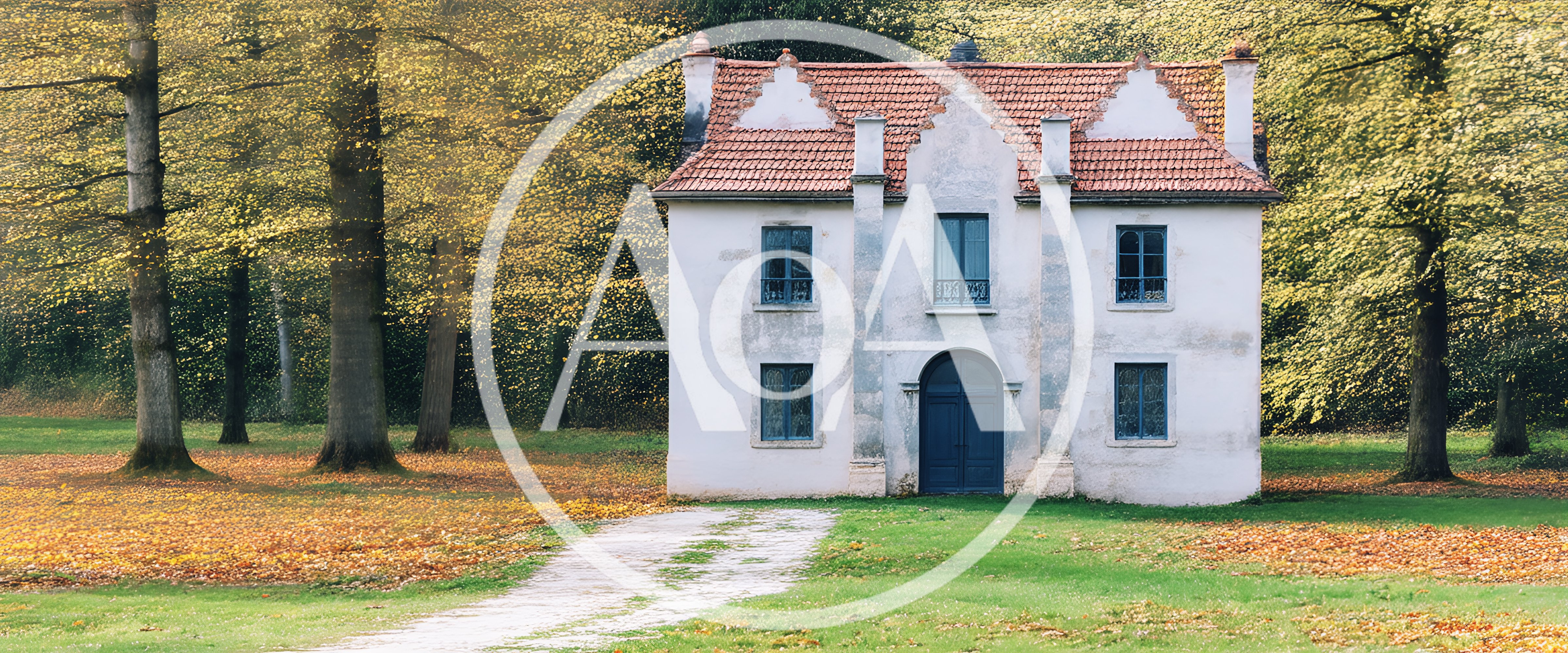 Historic White Country House Surrounded By Autumn Trees