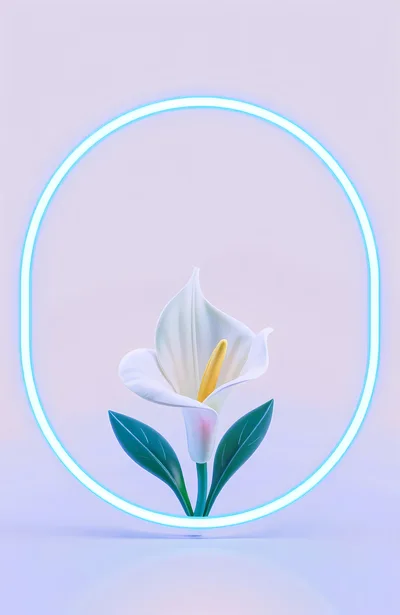 Single White Calla Lily Inside Glowing Neon Oval Frame