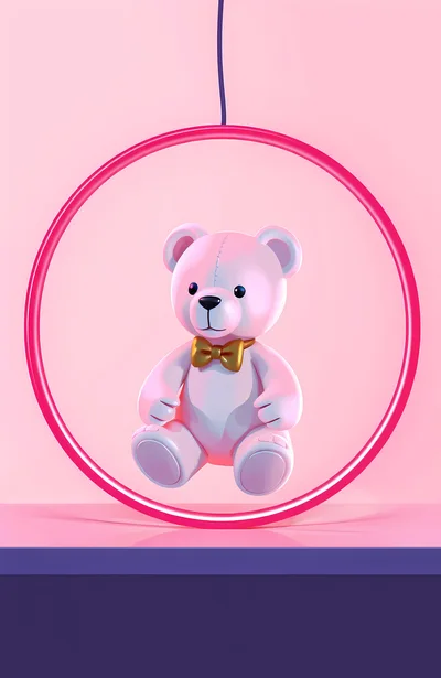 3D Rendered Pink Teddy Bear Inside Neon Ring