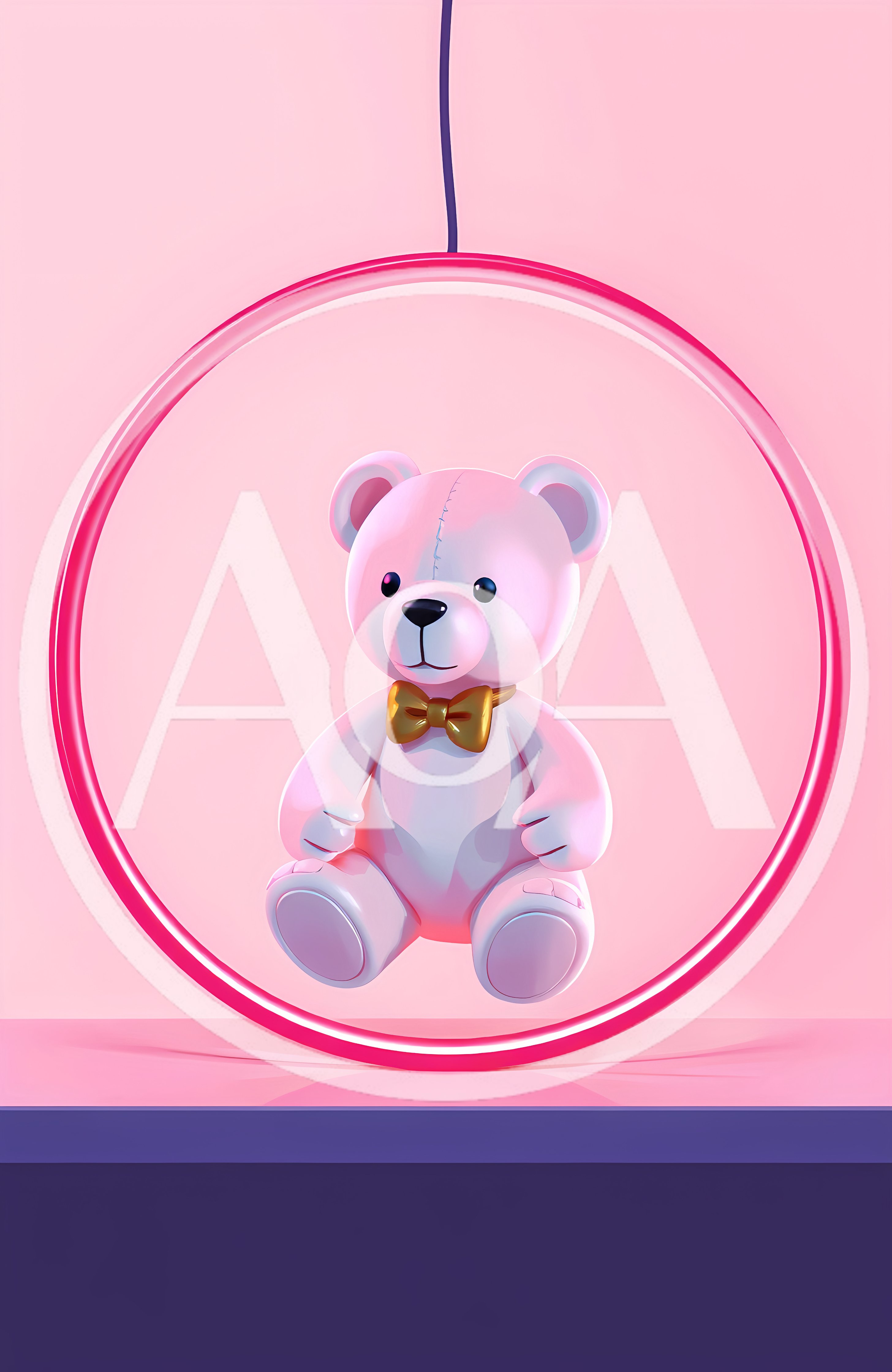 3D Rendered Pink Teddy Bear Inside Neon Ring