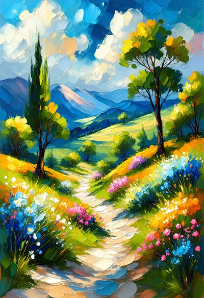 Impressionist Painting Of A Floral Mountain Path