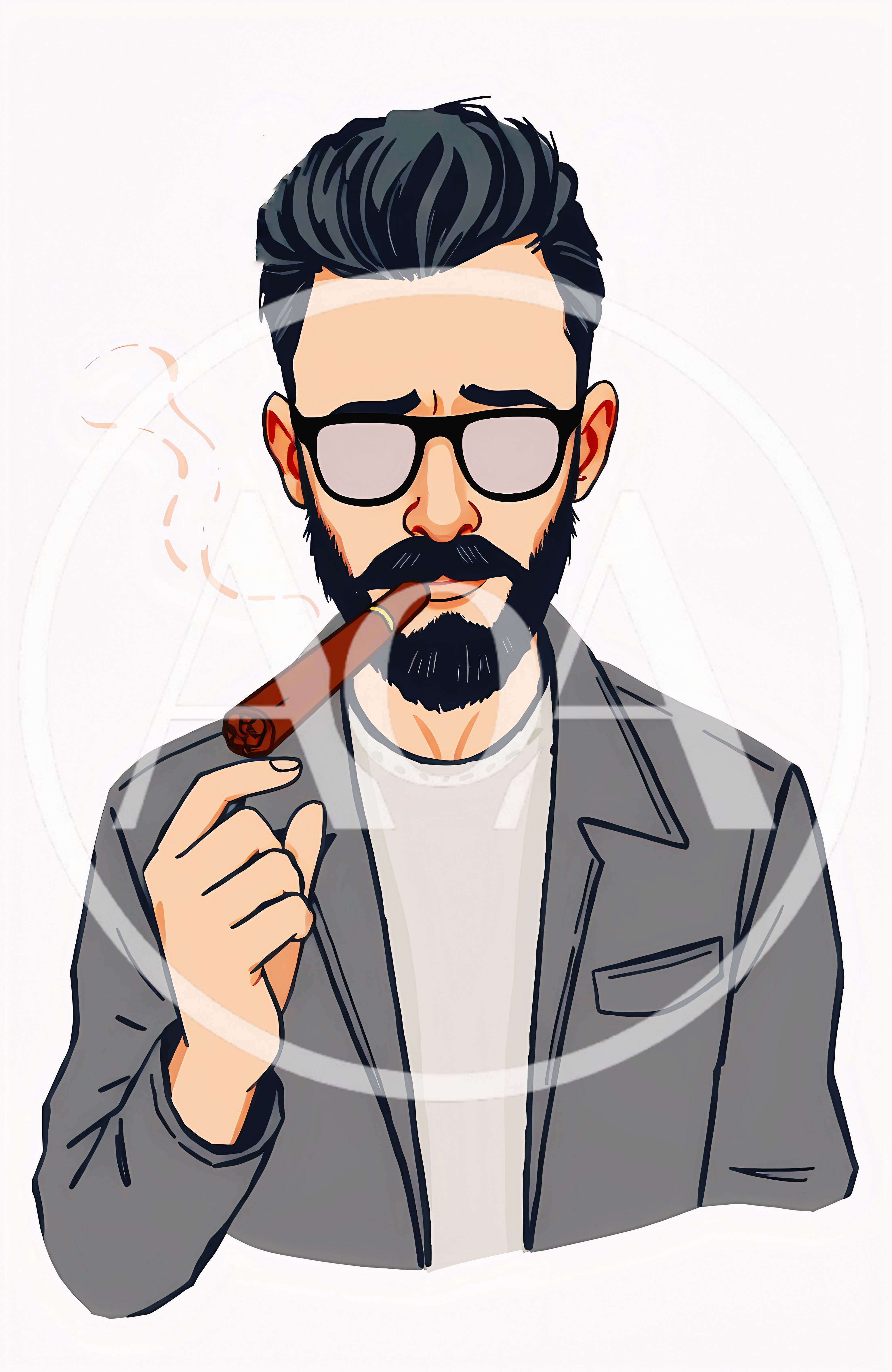 Illustrated Man With Beard Smoking A Cigar