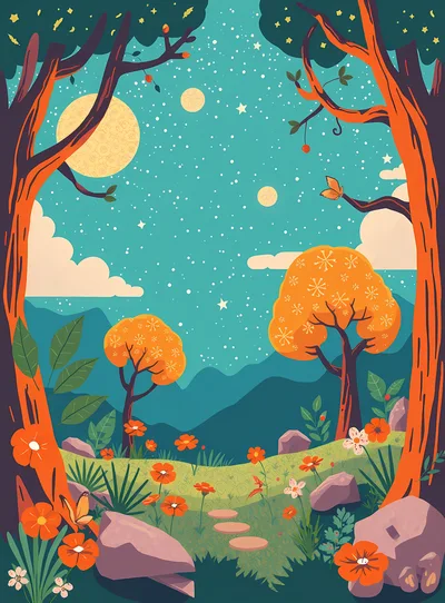 Whimsical Forest Landscape With Orange Trees And Flowers