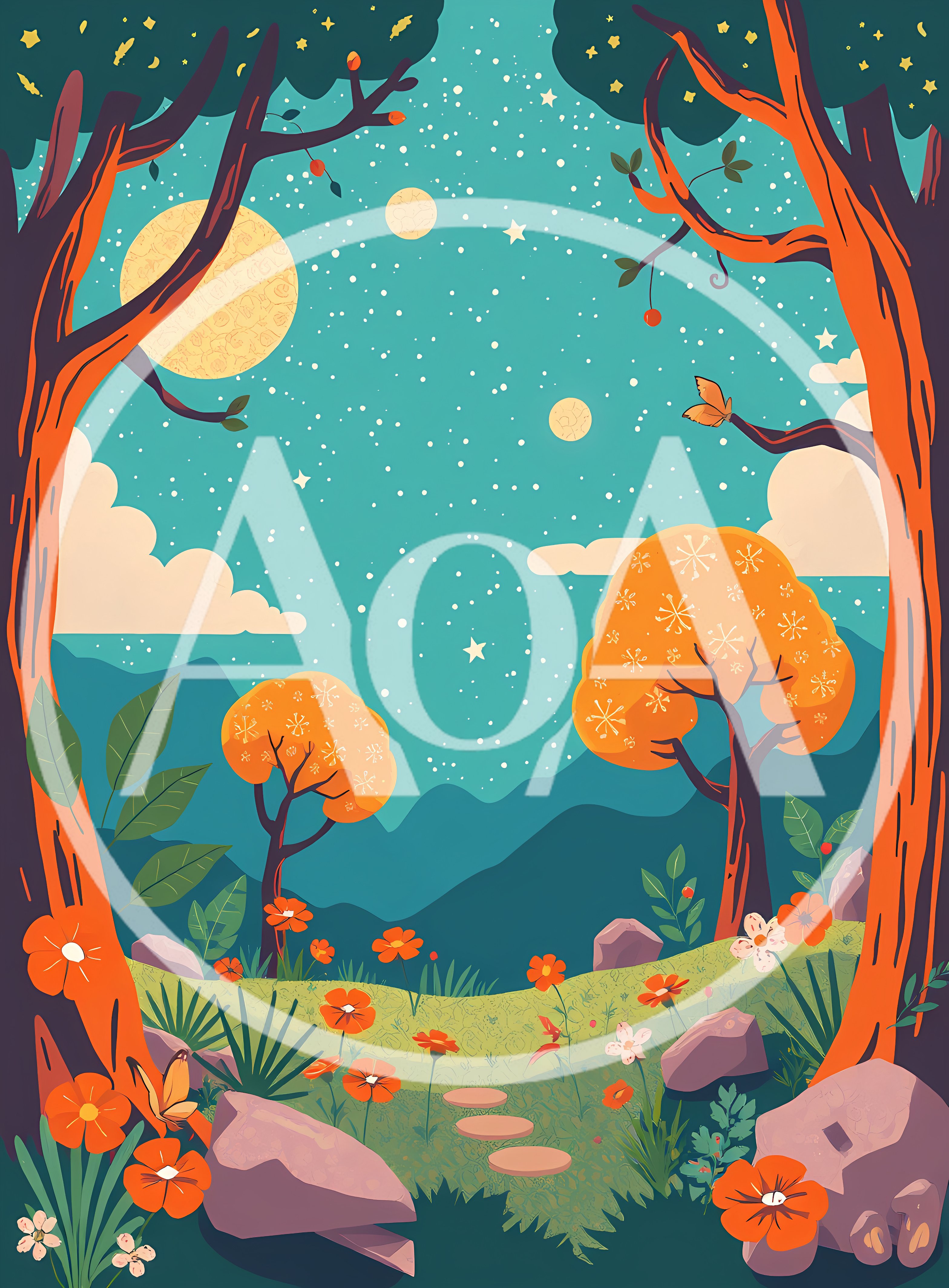 Whimsical Forest Landscape With Orange Trees And Flowers