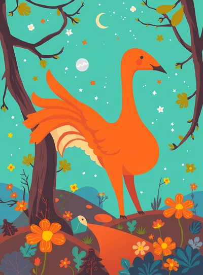 Whimsical Orange Bird In A Magical Forest Illustration