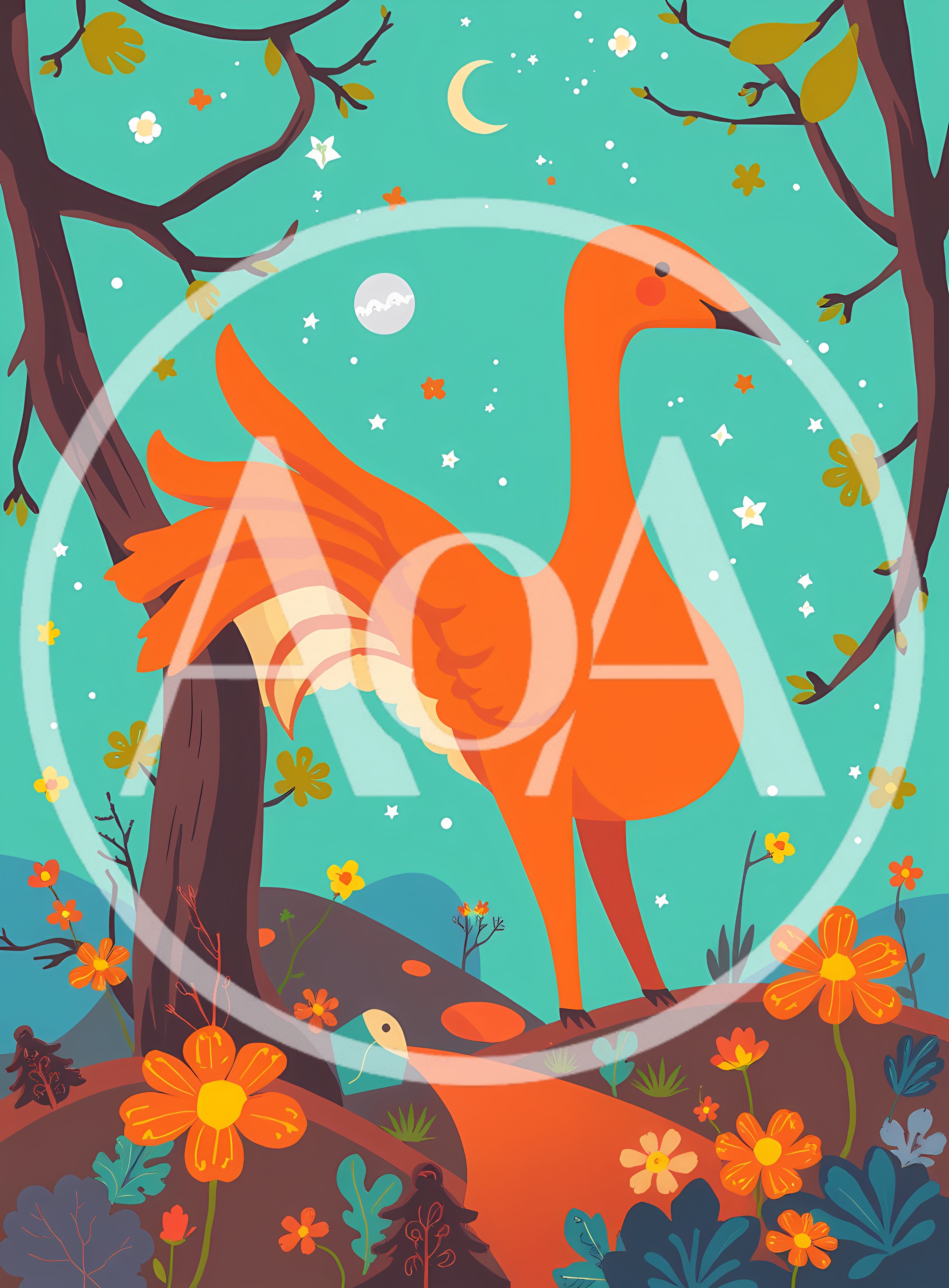 Whimsical Orange Bird In A Magical Forest Illustration