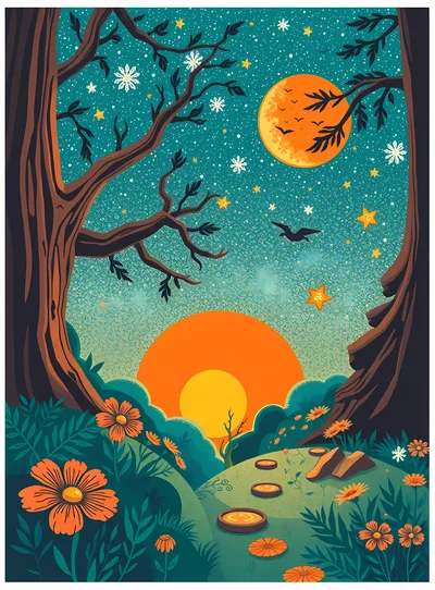 Whimsical Forest Landscape With Sun And Moon