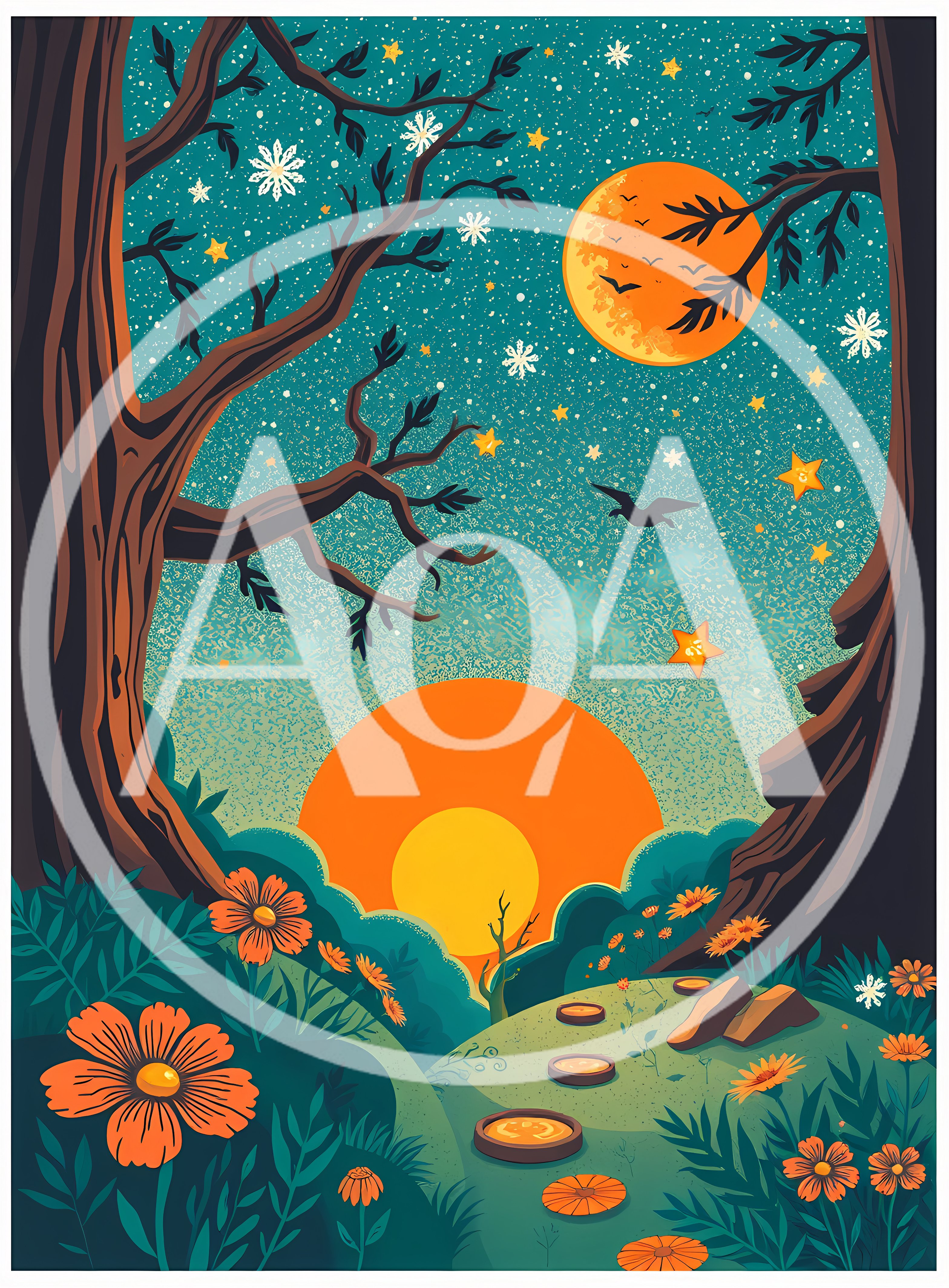 Whimsical Forest Landscape With Sun And Moon