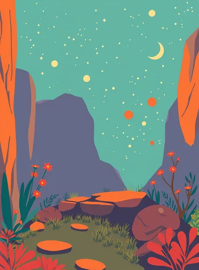 Surreal Landscape With Orange Rocks And Starry Night Sky