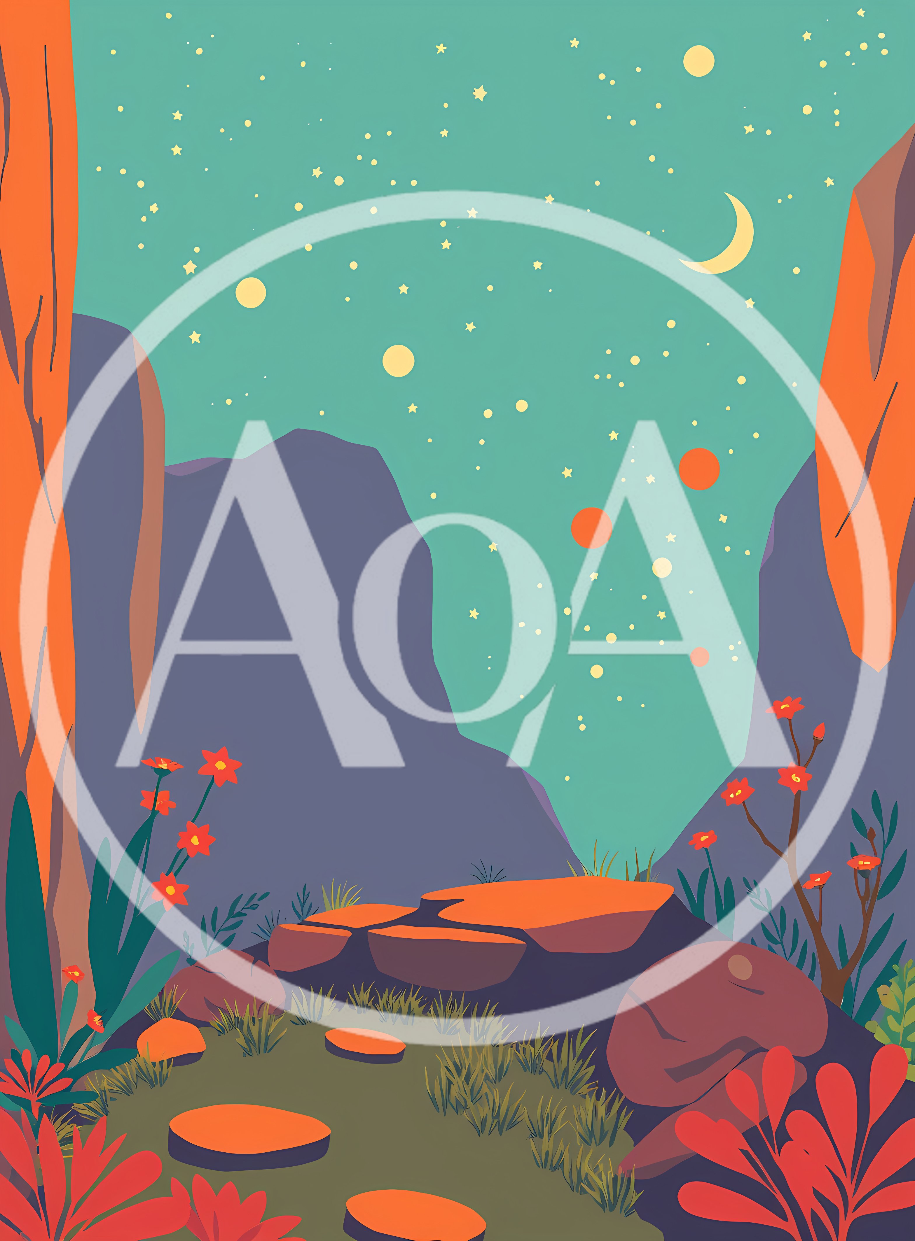 Surreal Landscape With Orange Rocks And Starry Night Sky