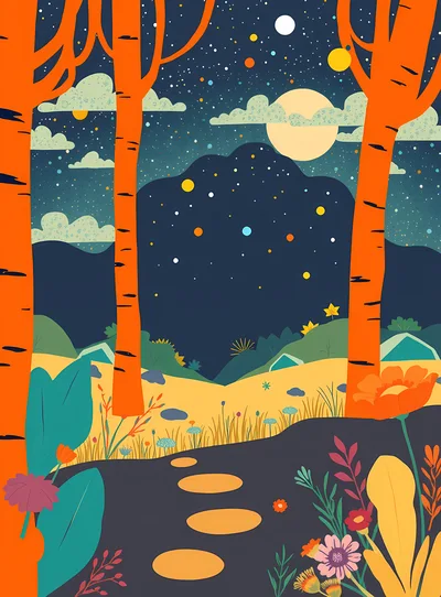 Stylized Flat Illustration Of A Night Forest Landscape