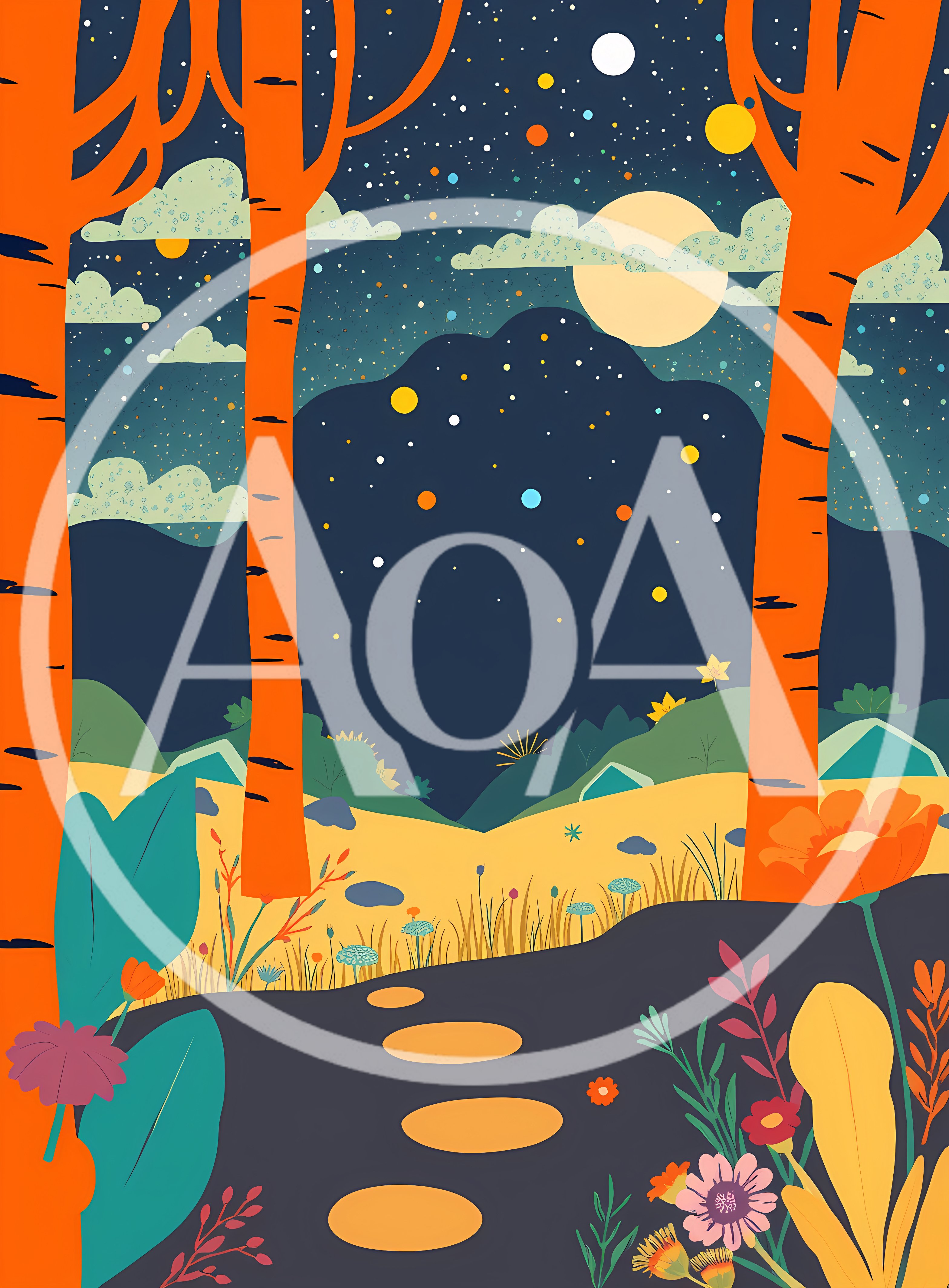 Stylized Flat Illustration Of A Night Forest Landscape