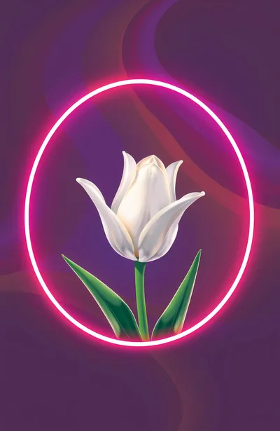 White Tulip Flower Inside A Glowing Neon Circle