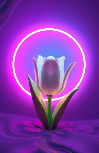 Glowing White Tulip With Neon Circular Light Background