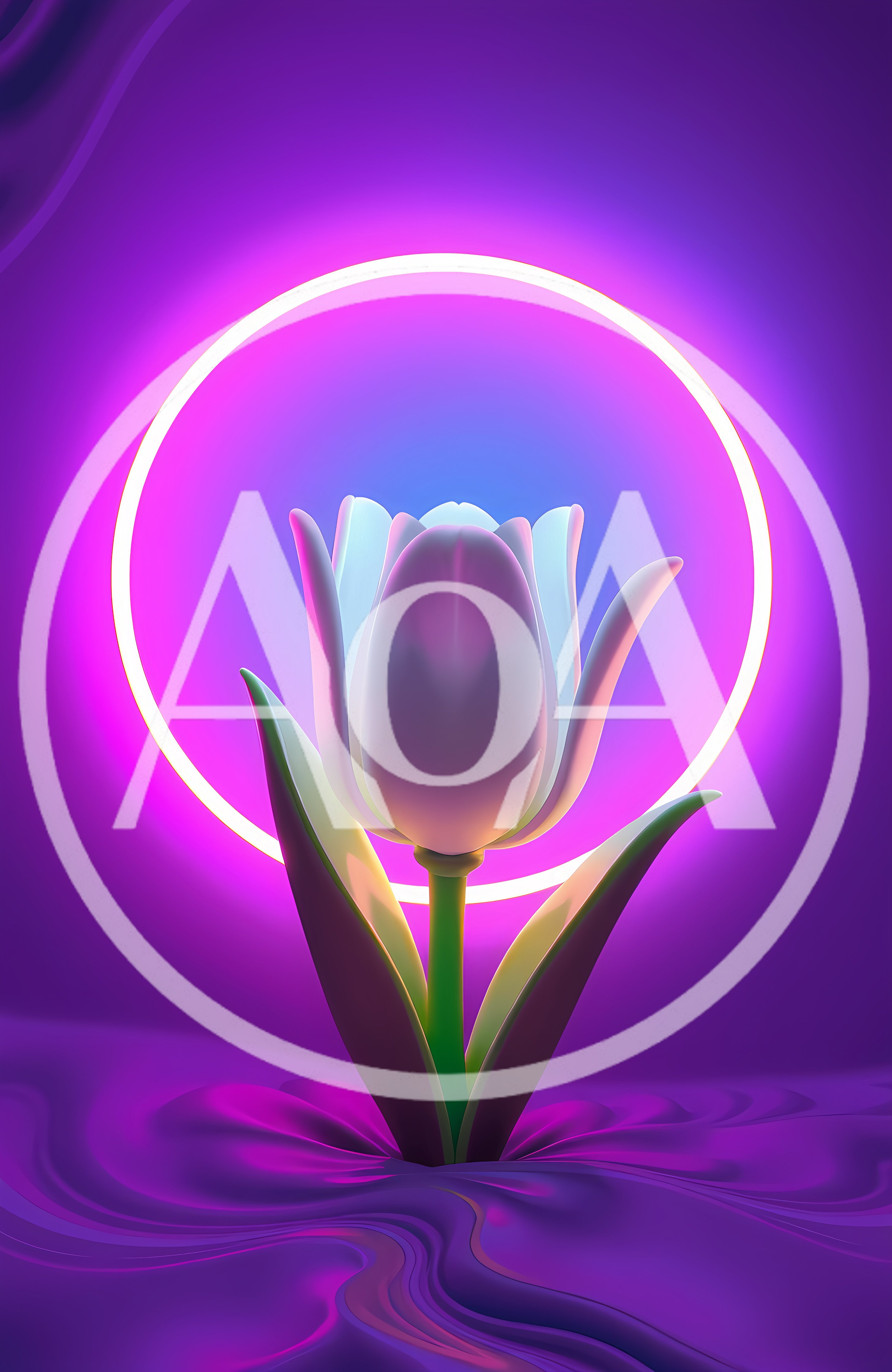 Glowing White Tulip With Neon Circular Light Background