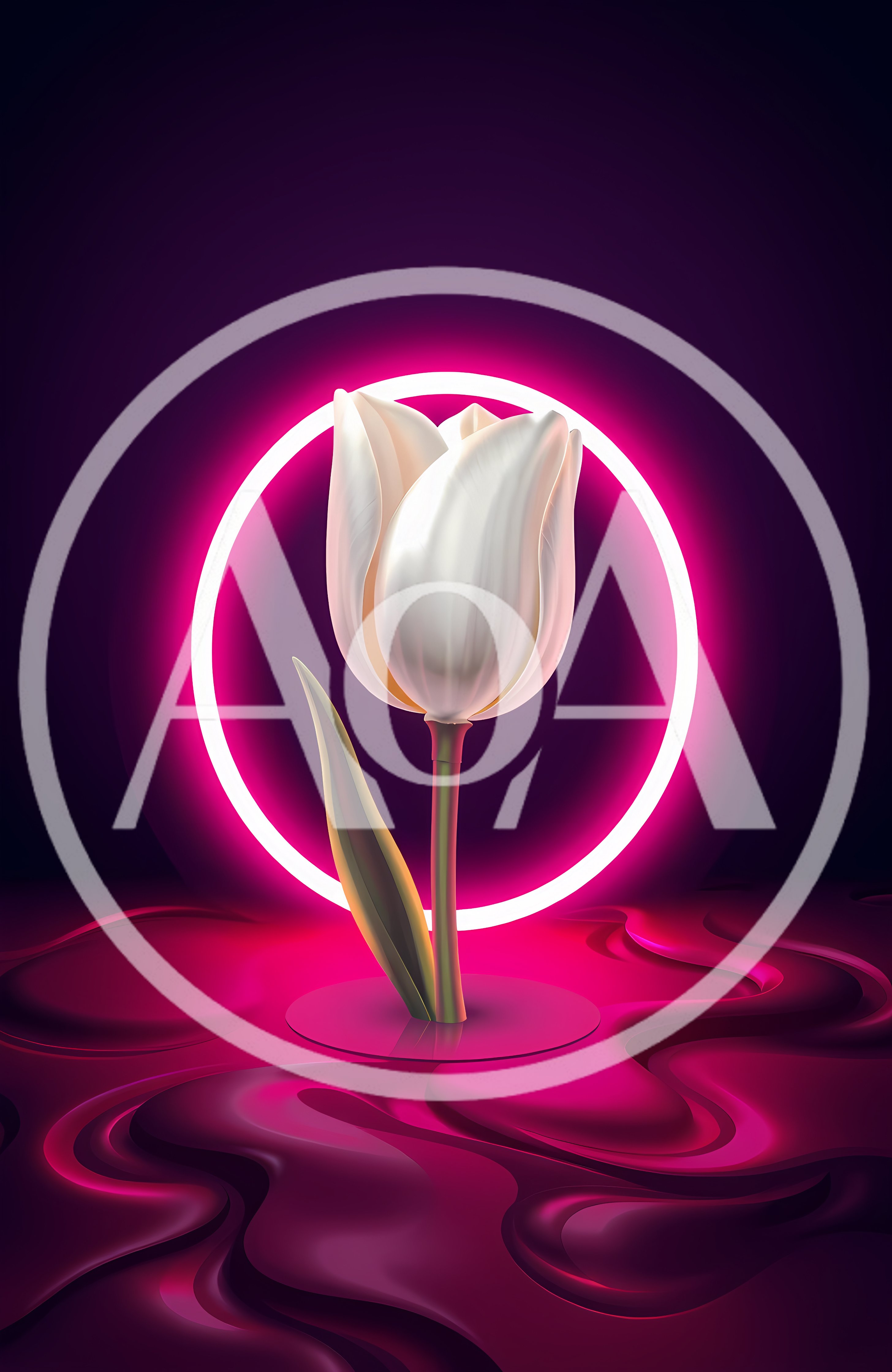 White Tulip Flower With Neon Pink Circular Light