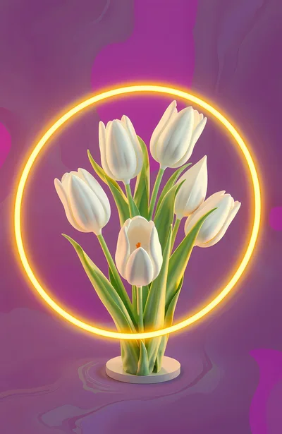 White Tulips Inside A Glowing Yellow Neon Ring