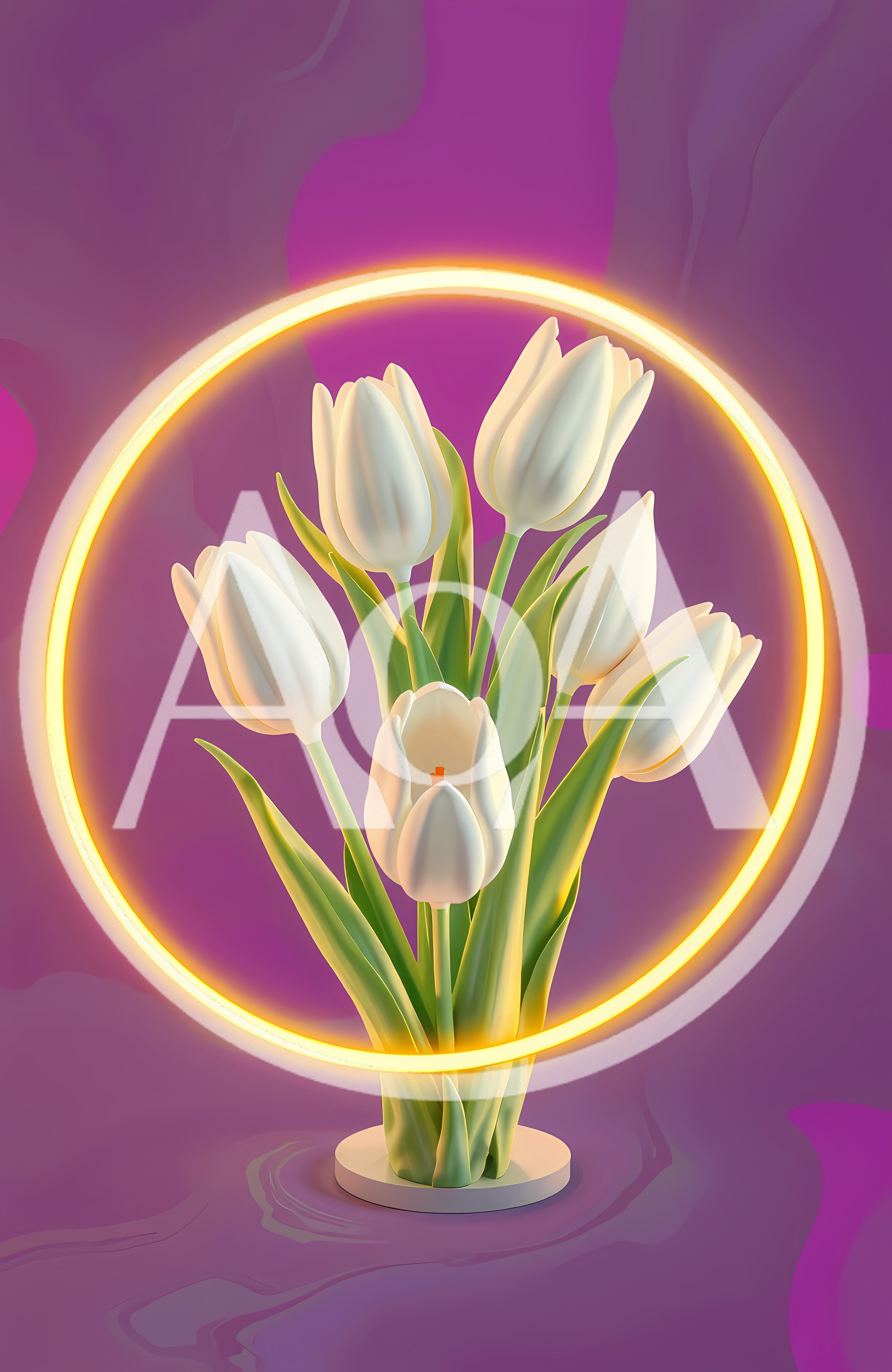 White Tulips Inside A Glowing Yellow Neon Ring