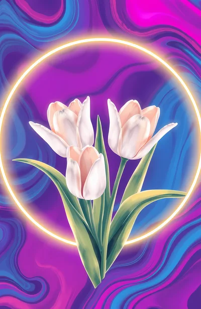 Digital Illustration Of Three White Tulips In Neon Circle