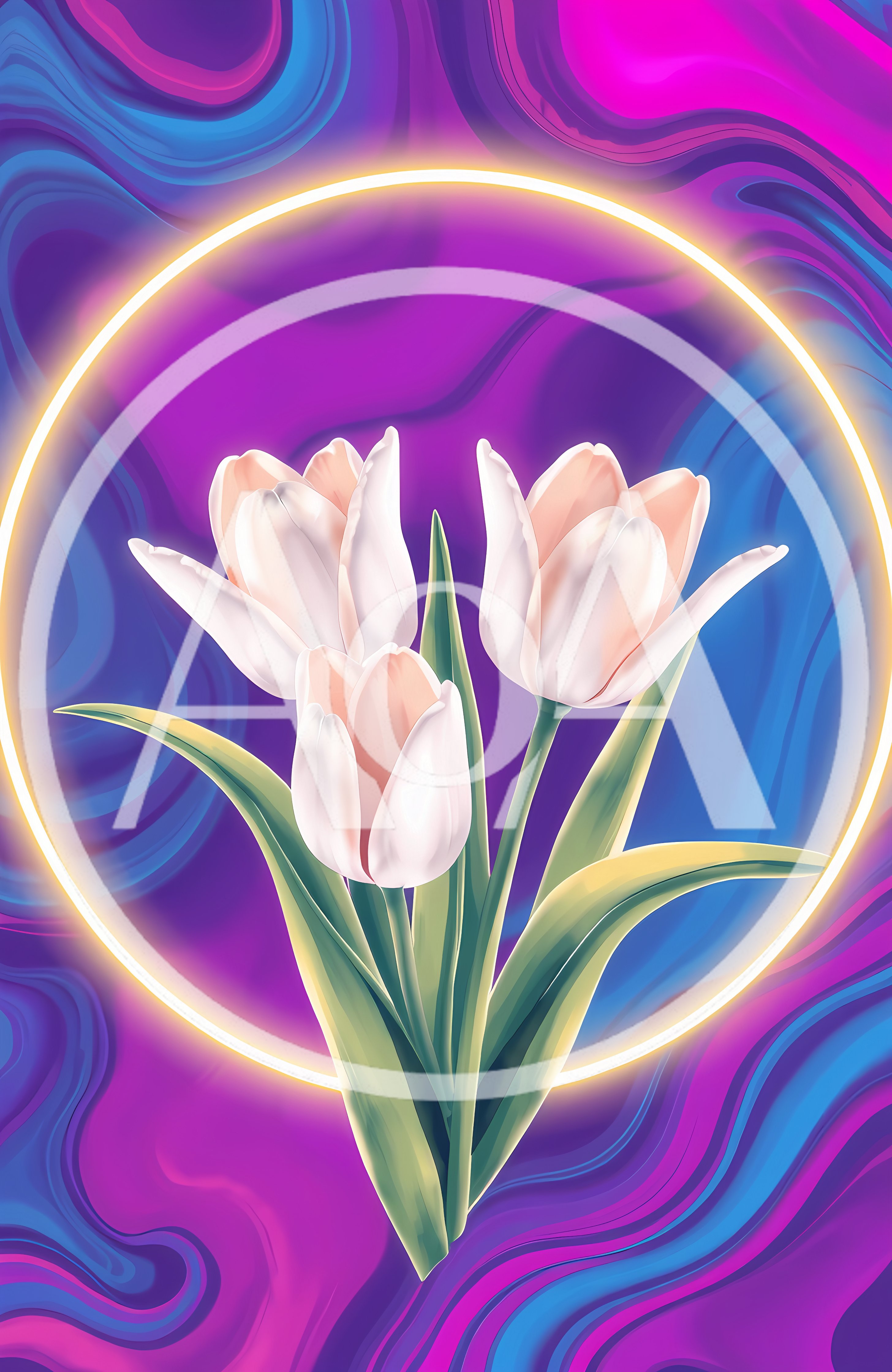 Digital Illustration Of Three White Tulips In Neon Circle