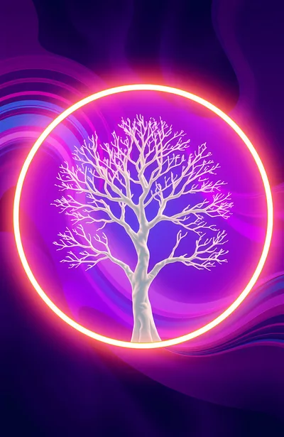 Glowing White Tree Inside A Neon Circular Frame