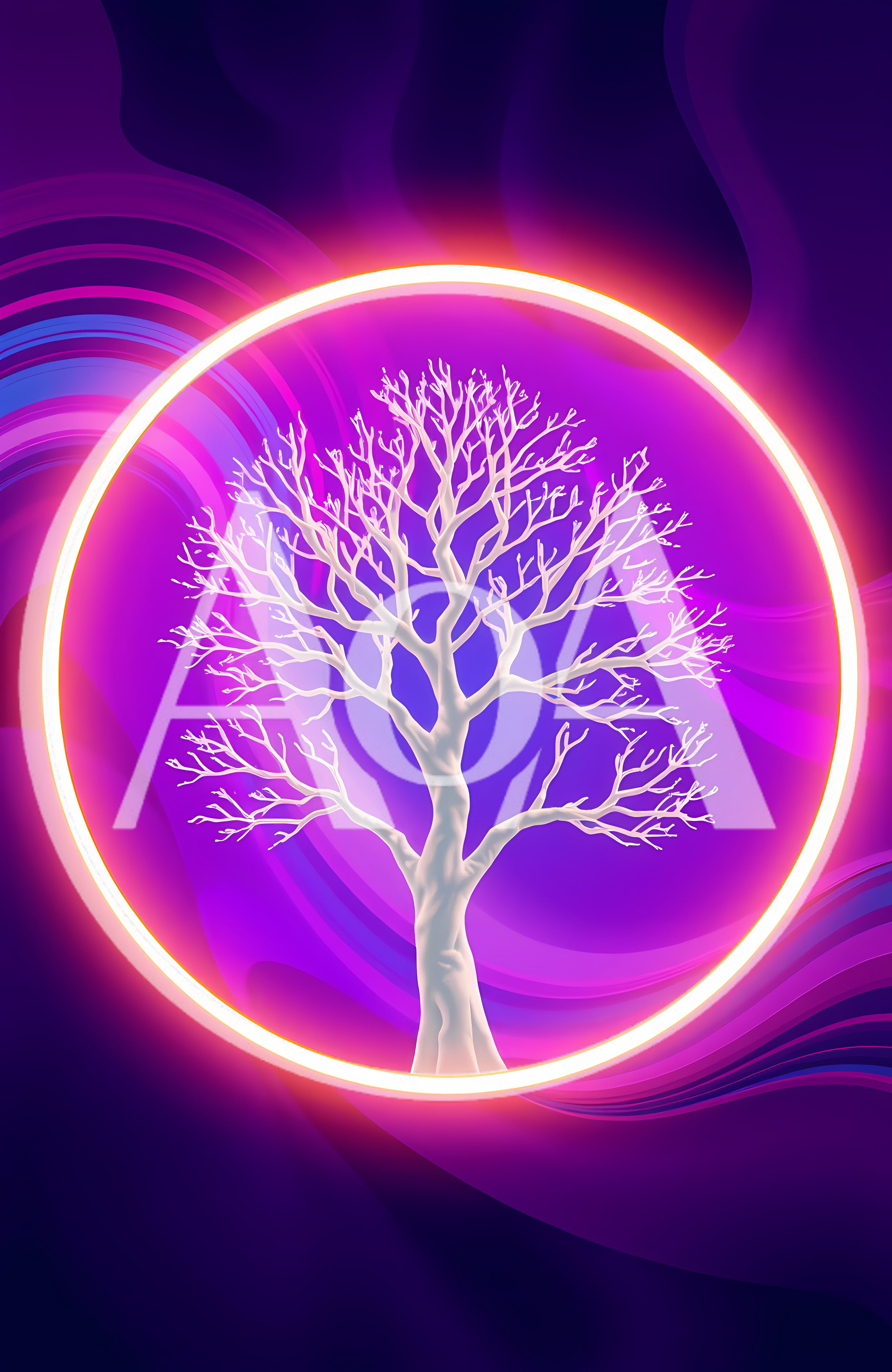 Glowing White Tree Inside A Neon Circular Frame
