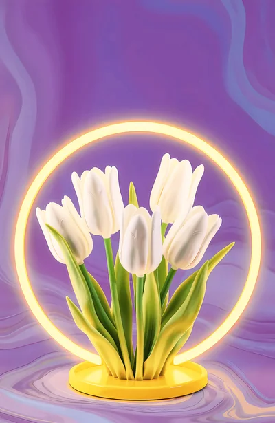 White Tulip Bouquet With Glowing Yellow Neon Ring