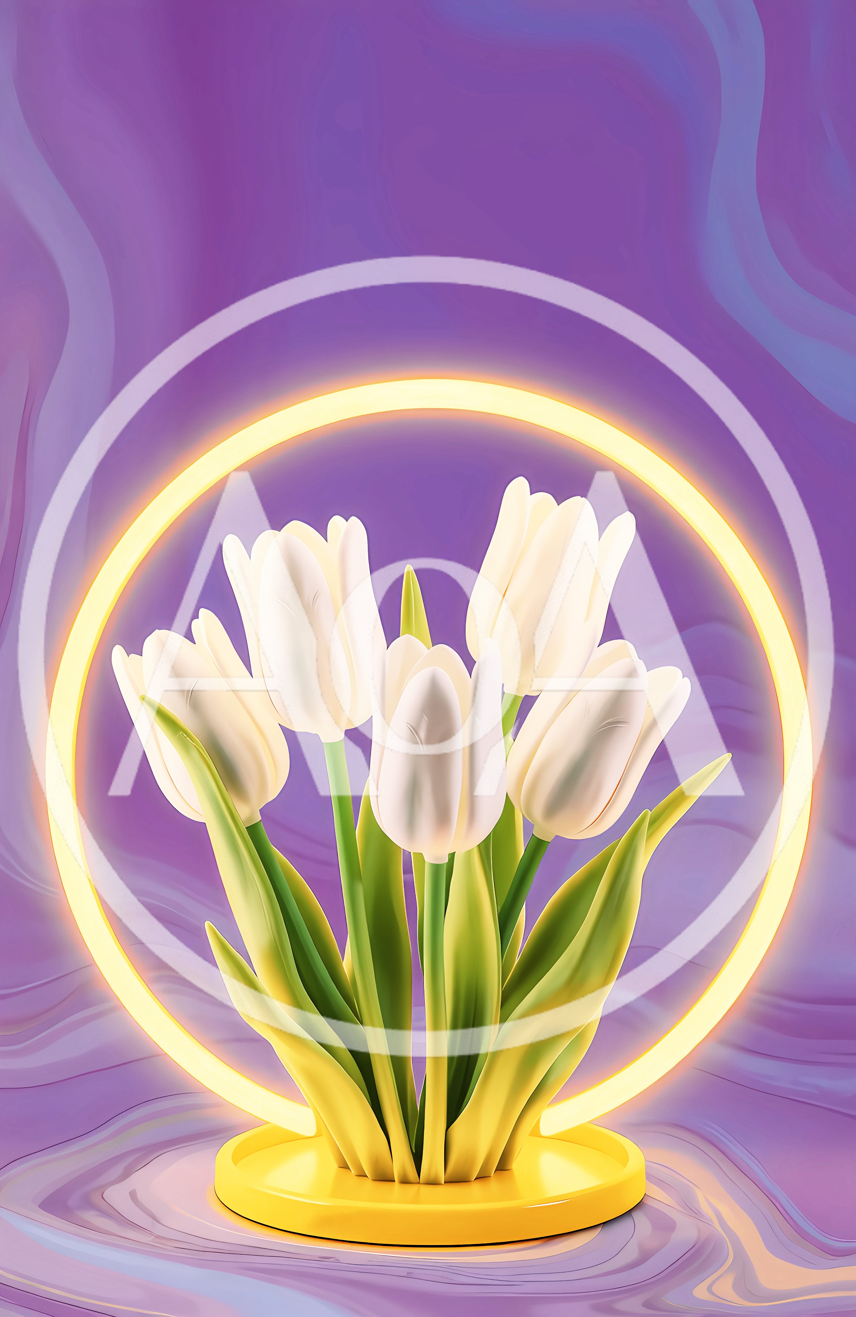 White Tulip Bouquet With Glowing Yellow Neon Ring