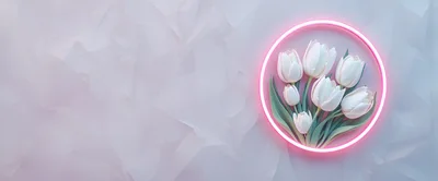 White Tulips Inside A Glowing Pink Neon Circle