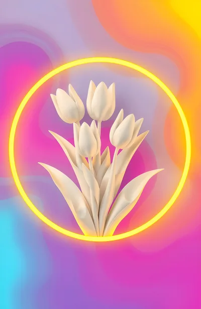 3D Rendered White Tulips Inside Glowing Yellow Neon Ring