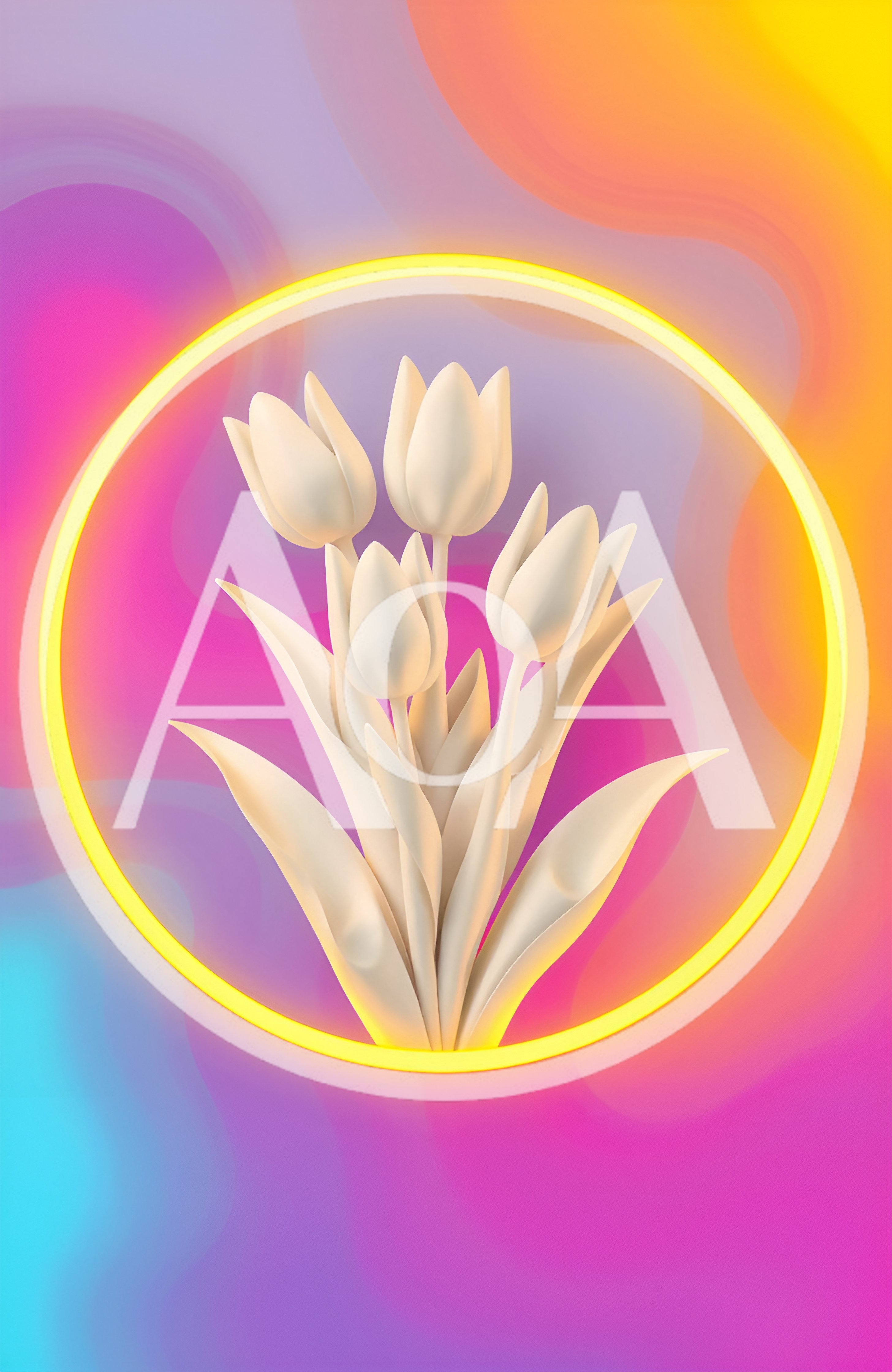 3D Rendered White Tulips Inside Glowing Yellow Neon Ring