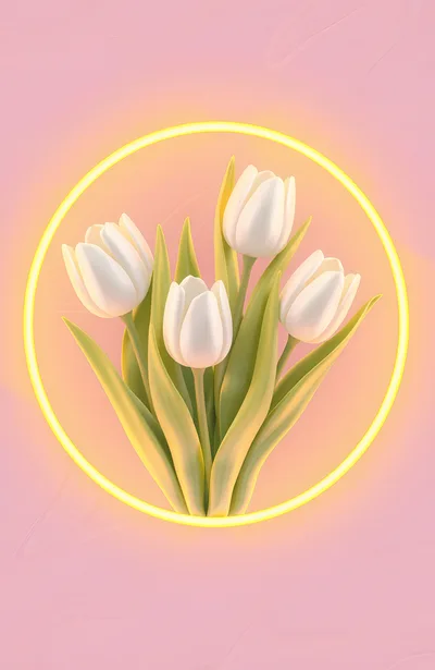 White Tulips Inside A Glowing Yellow Neon Circle