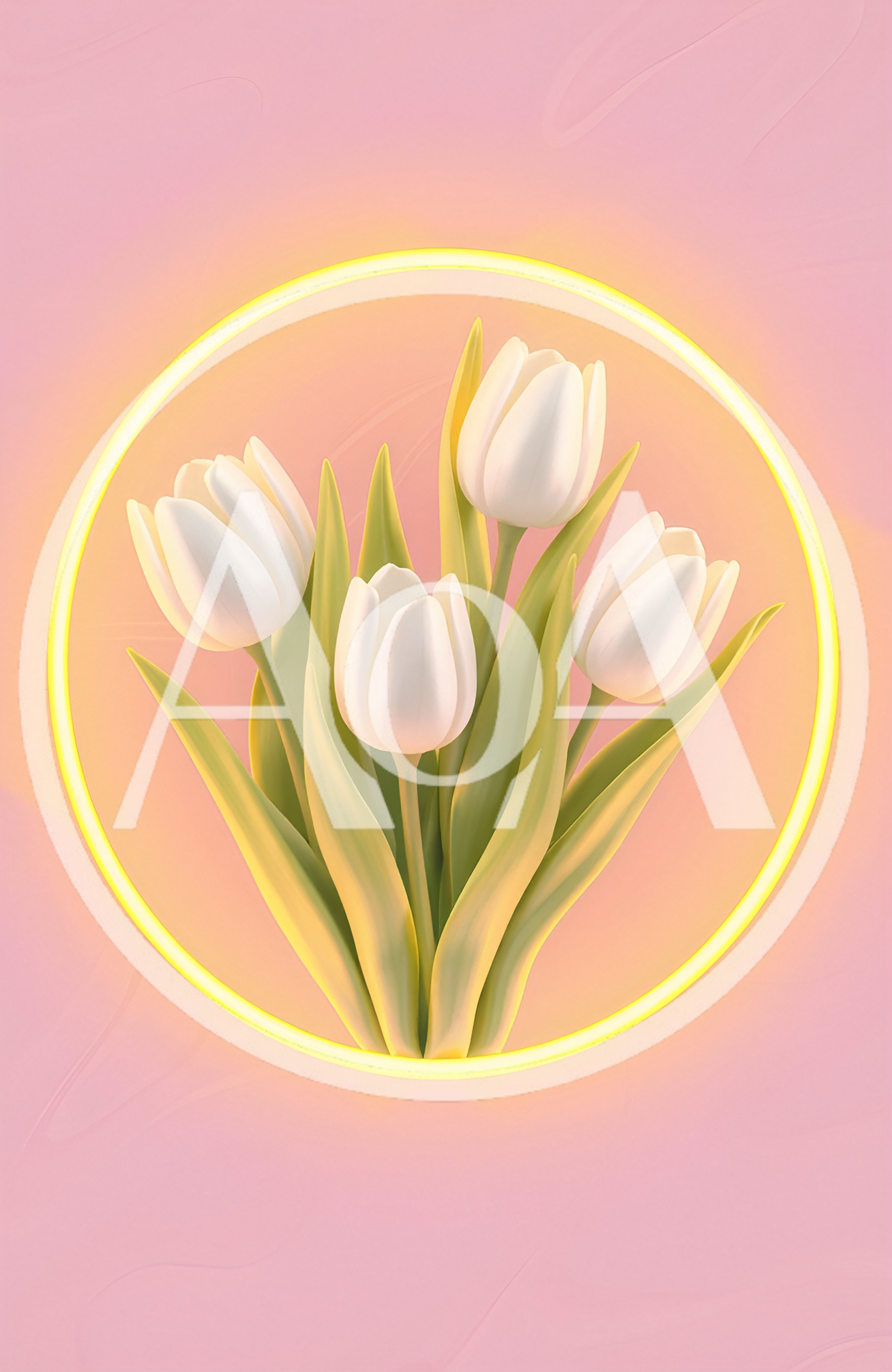 White Tulips Inside A Glowing Yellow Neon Circle