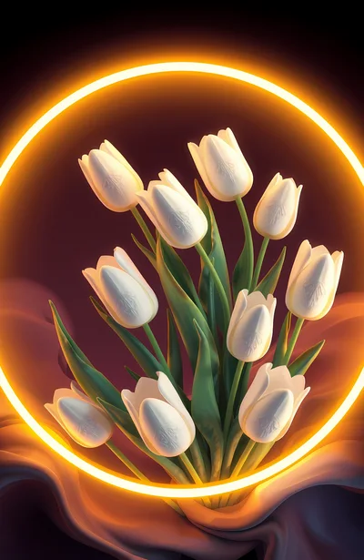 White Tulips Inside Glowing Golden Neon Ring