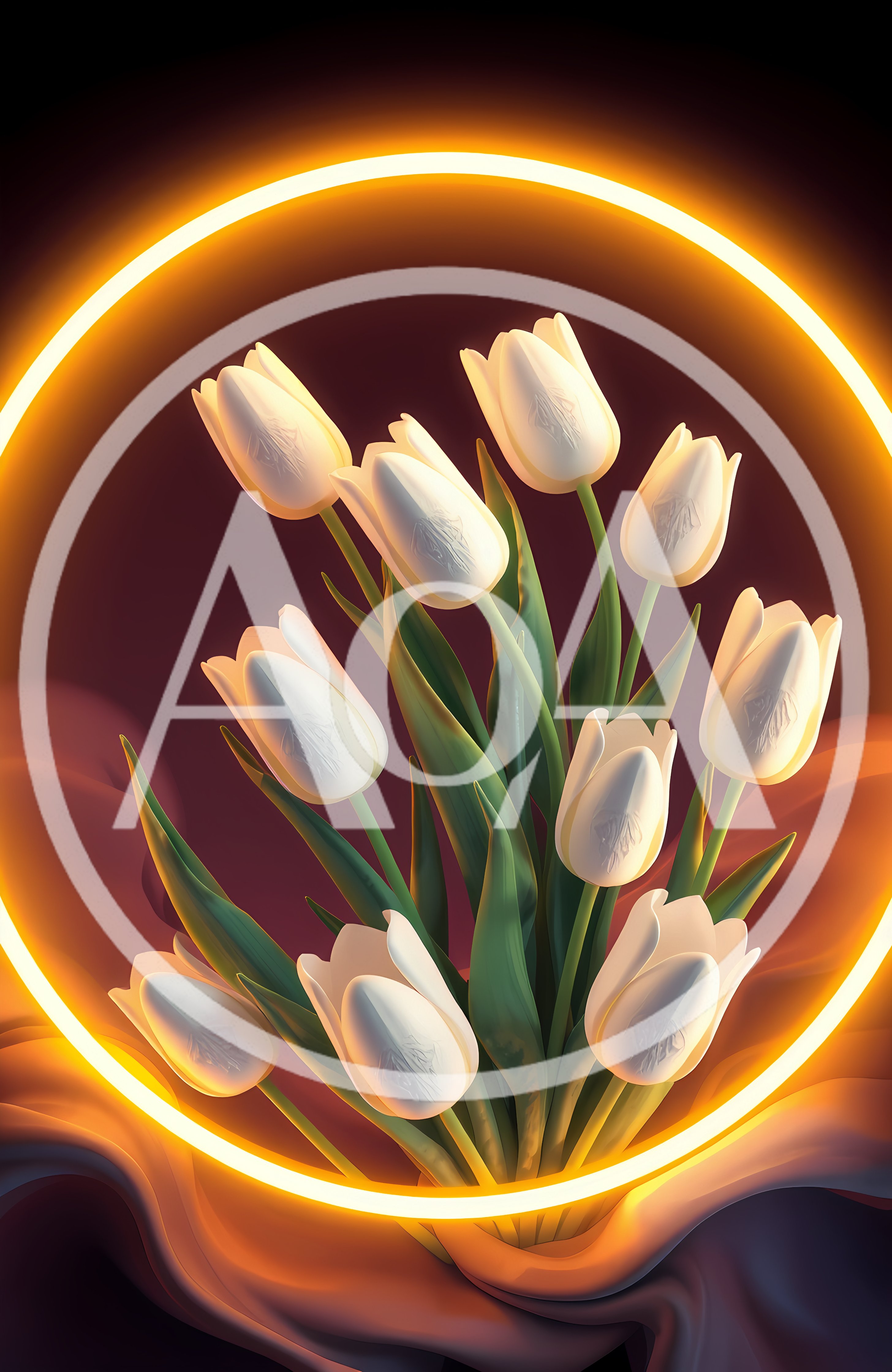 White Tulips Inside Glowing Golden Neon Ring