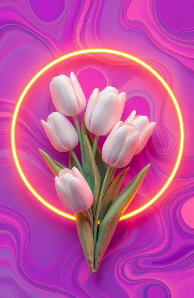 White Tulip Bouquet Inside Glowing Neon Circle