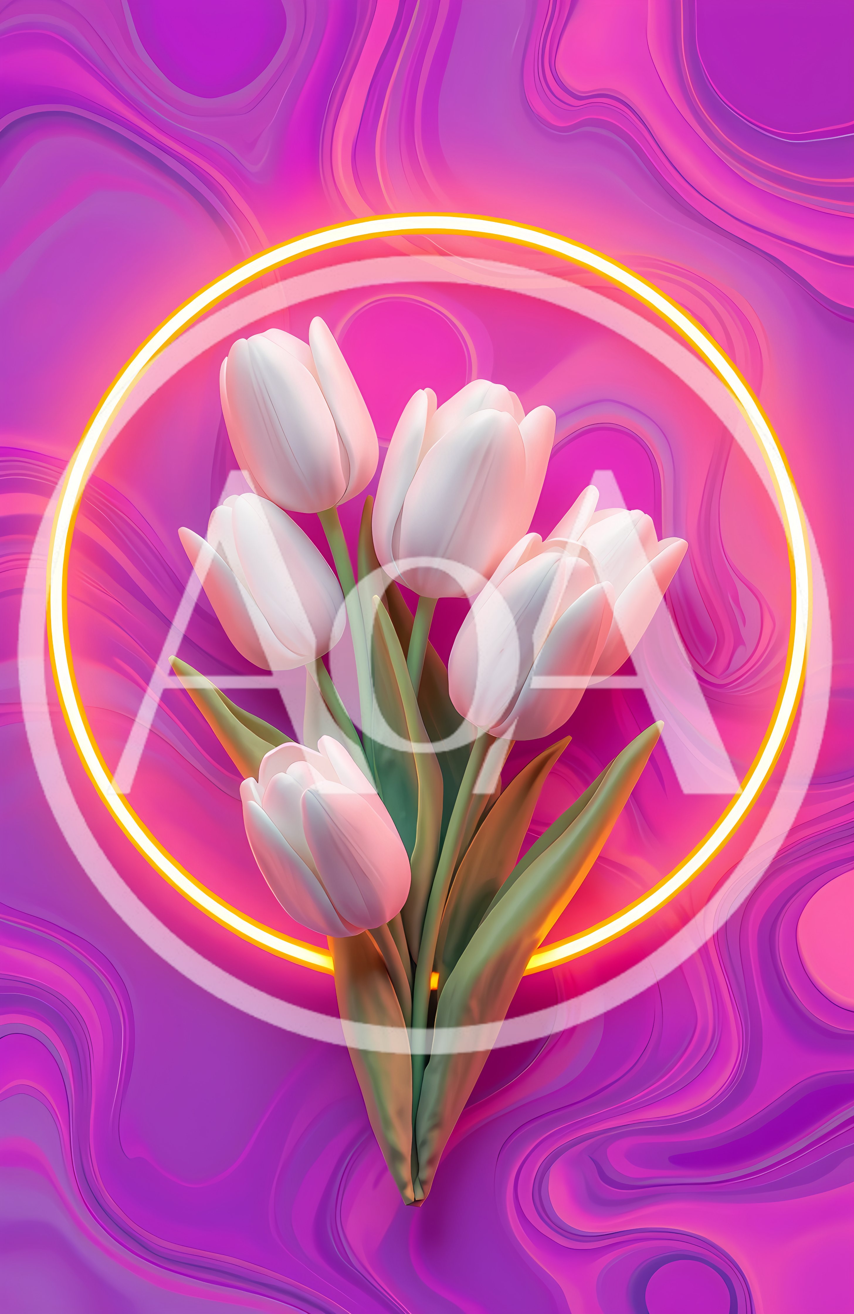 White Tulip Bouquet Inside Glowing Neon Circle