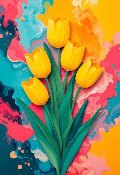 Yellow Tulip Bouquet On Abstract Colorful Painted Background