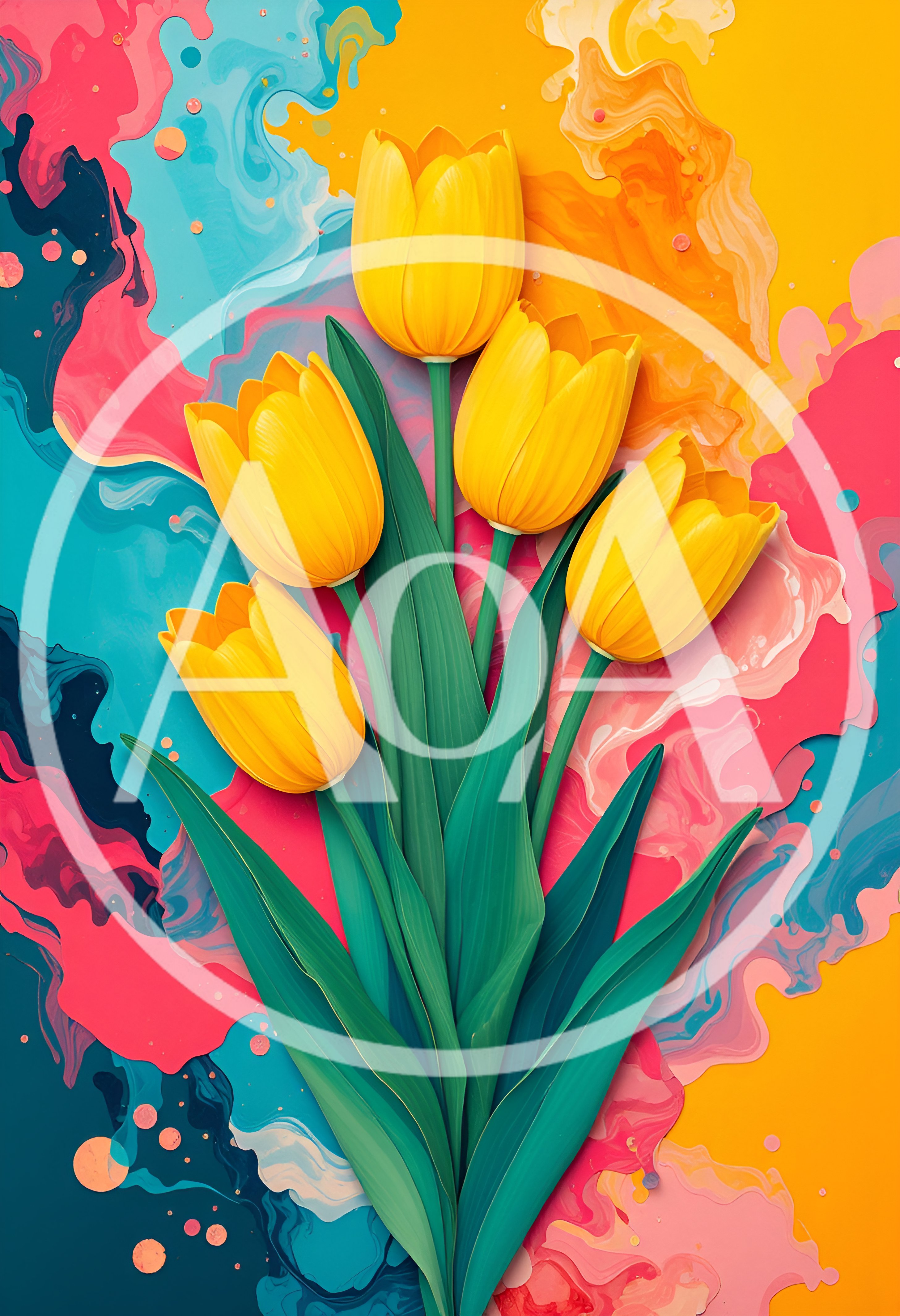 Yellow Tulip Bouquet On Abstract Colorful Painted Background