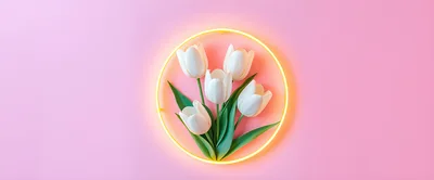 White Tulips Inside A Glowing Yellow Neon Circle