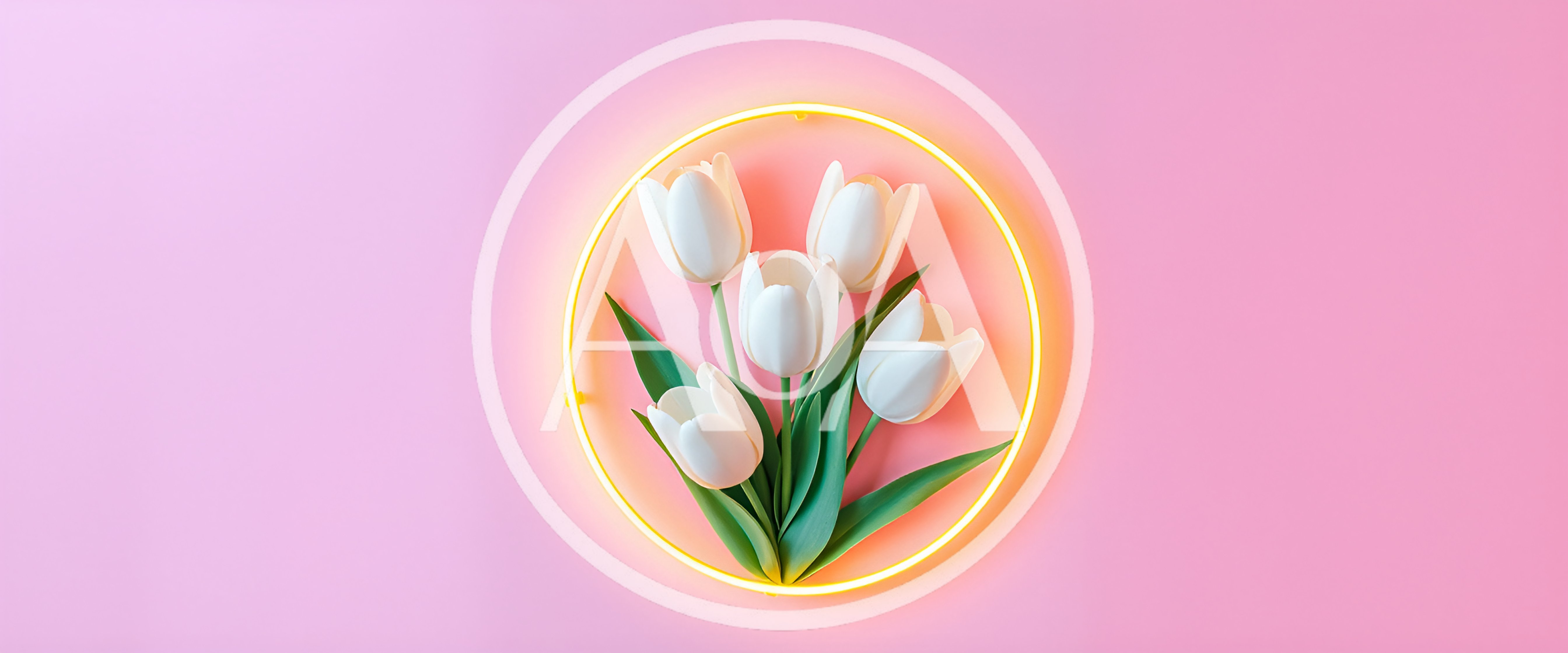 White Tulips Inside A Glowing Yellow Neon Circle