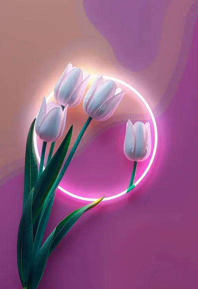 White Tulips With Glowing Neon Ring Background
