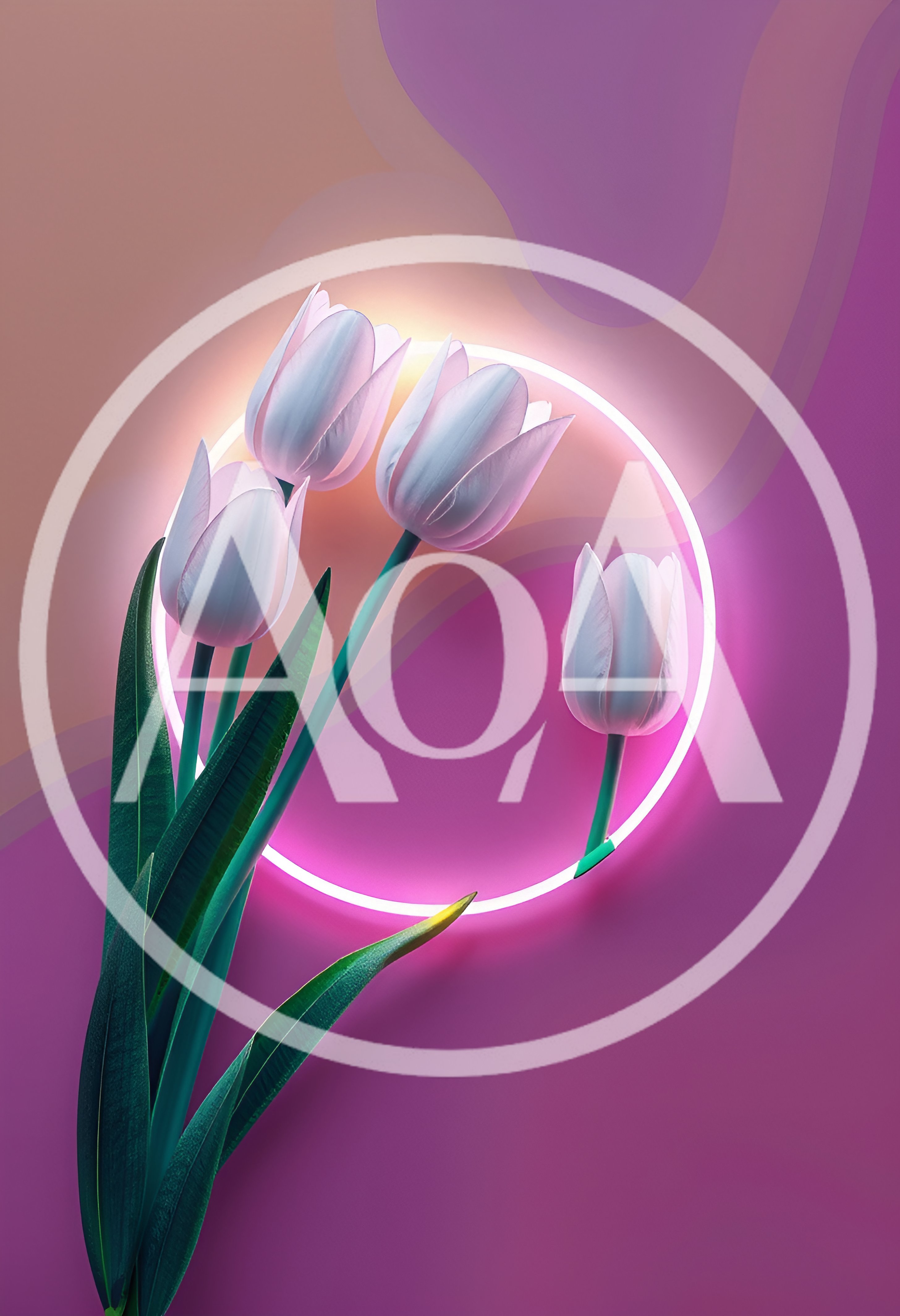 White Tulips With Glowing Neon Ring Background
