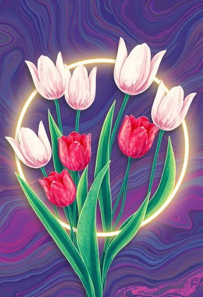 Digital Illustration Of Colorful Tulips With Glowing Ring