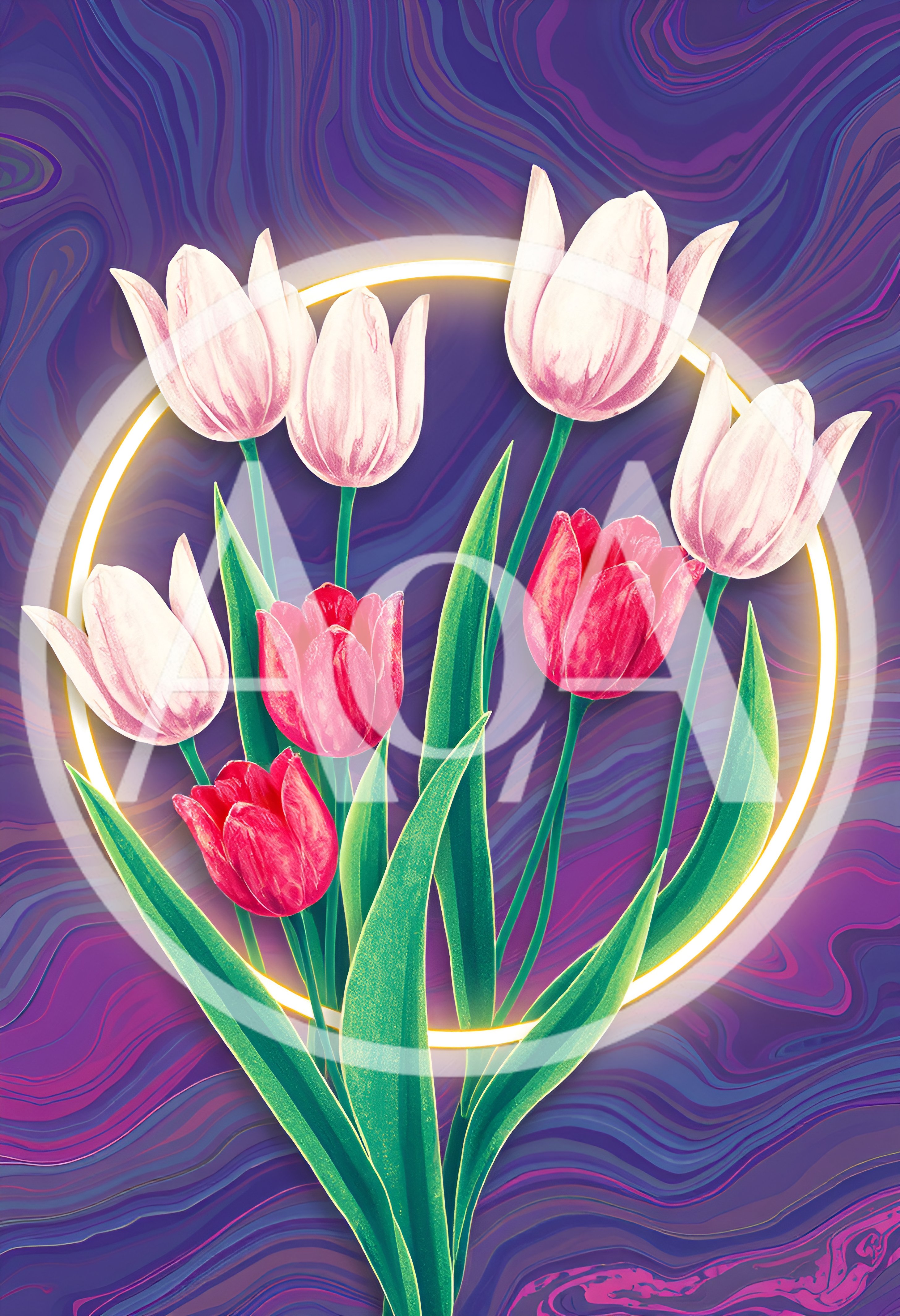 Digital Illustration Of Colorful Tulips With Glowing Ring