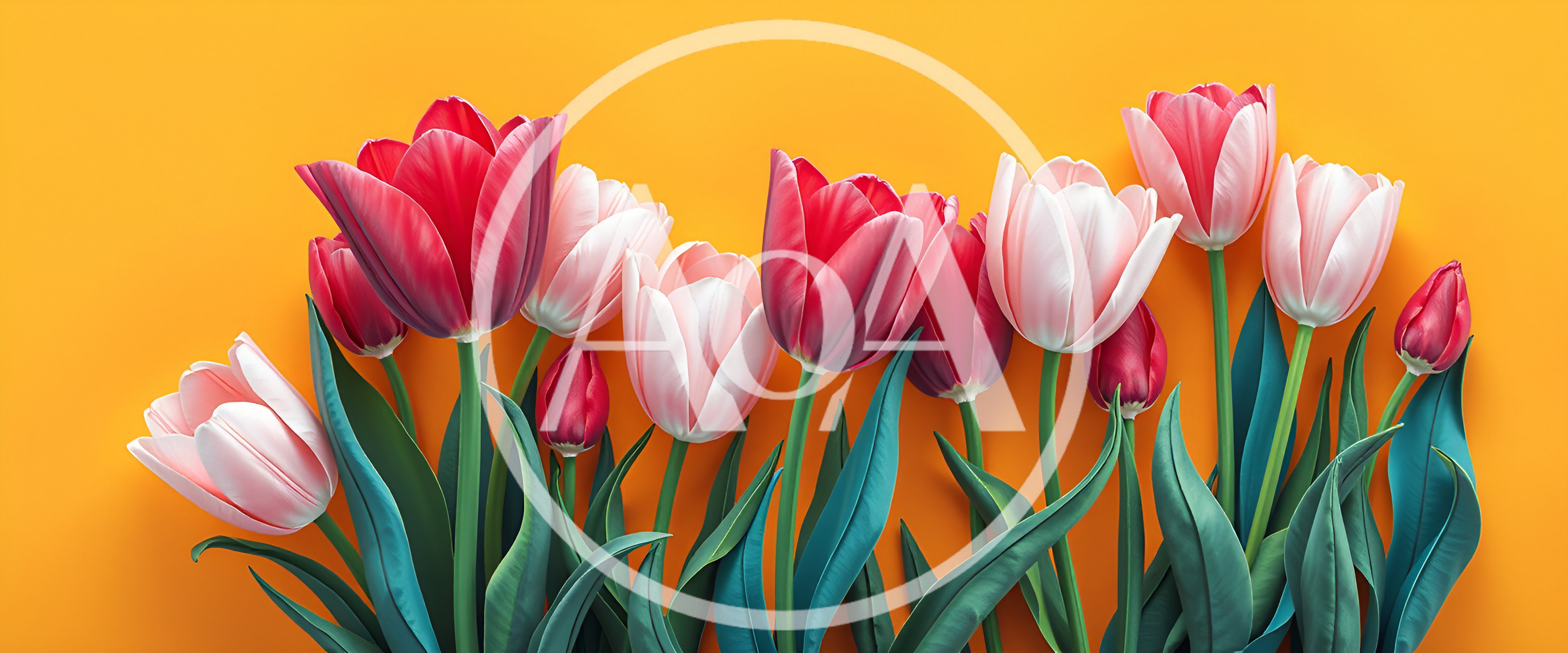 Colorful Tulip Flowers On Vibrant Orange Background