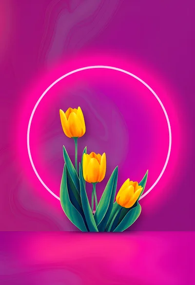 Three Yellow Tulips Against A Neon Pink Circle