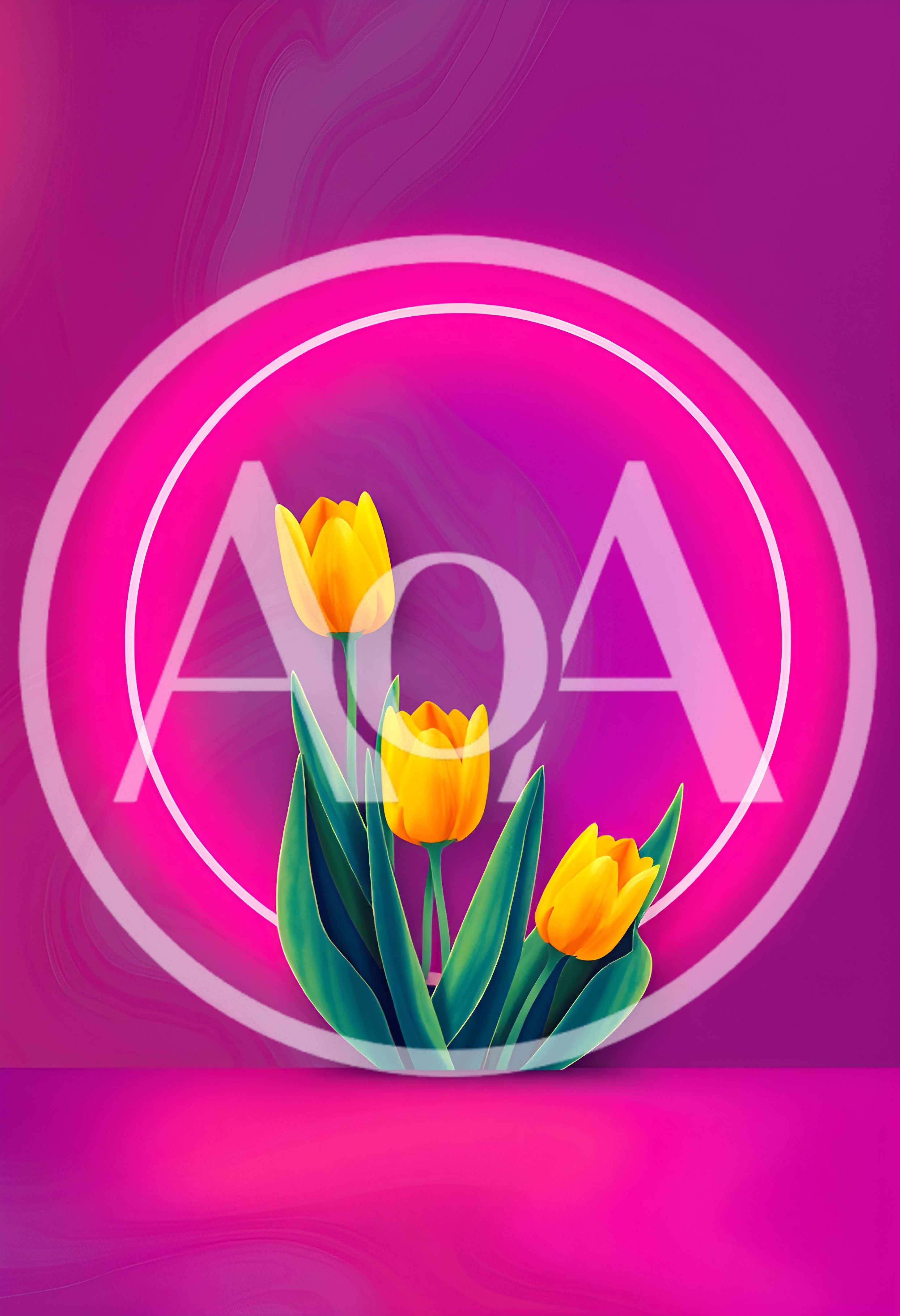 Three Yellow Tulips Against A Neon Pink Circle