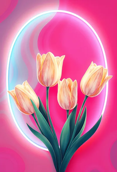 Four Pale Peach Tulips Inside A Glowing Neon Oval